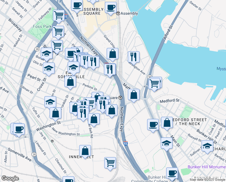 map of restaurants, bars, coffee shops, grocery stores, and more near 35a Brighton Street in Boston