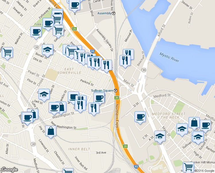 map of restaurants, bars, coffee shops, grocery stores, and more near 35a Brighton Street in Boston