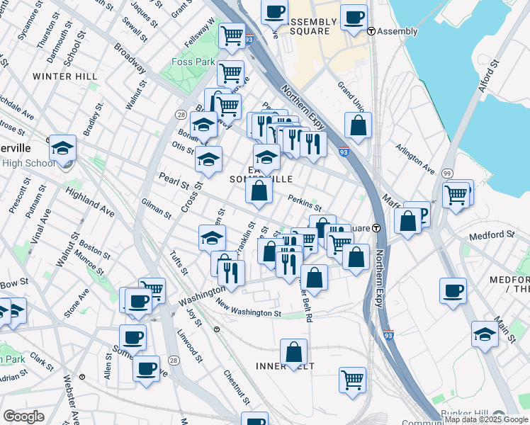 map of restaurants, bars, coffee shops, grocery stores, and more near 65 Myrtle Street in Somerville