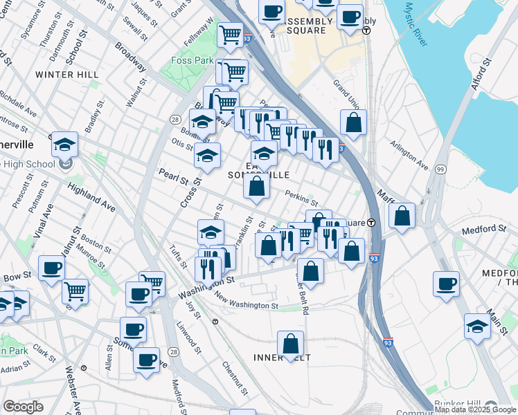 map of restaurants, bars, coffee shops, grocery stores, and more near 65 Myrtle Street in Somerville