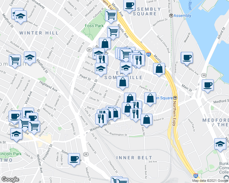 map of restaurants, bars, coffee shops, grocery stores, and more near 49 Franklin Street in Somerville