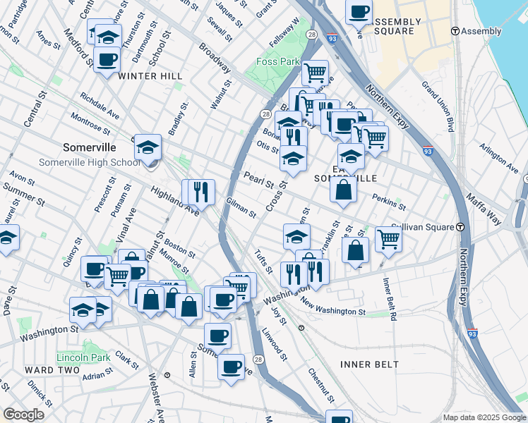 map of restaurants, bars, coffee shops, grocery stores, and more near 115 Cross Street in Somerville