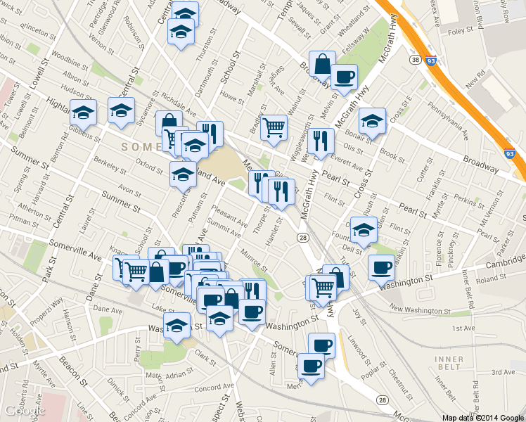 map of restaurants, bars, coffee shops, grocery stores, and more near 22 Thorpe Street in Somerville