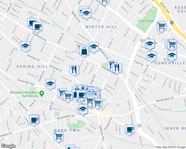 map of restaurants, bars, coffee shops, grocery stores, and more near 33 Vinal Avenue in Somerville
