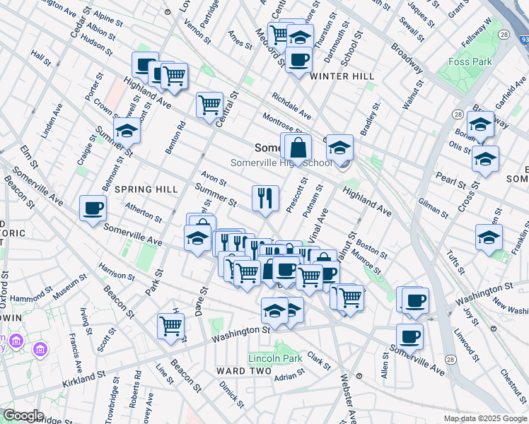map of restaurants, bars, coffee shops, grocery stores, and more near 59 Summer Street in Somerville