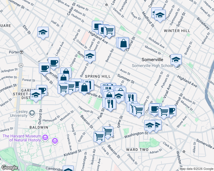 map of restaurants, bars, coffee shops, grocery stores, and more near 15 Central Street in Somerville