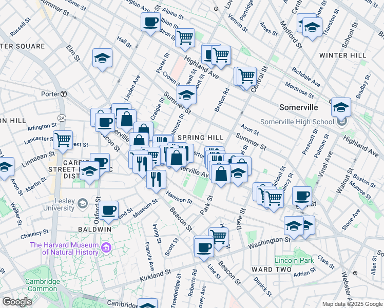 map of restaurants, bars, coffee shops, grocery stores, and more near 593 Somerville Avenue in Somerville