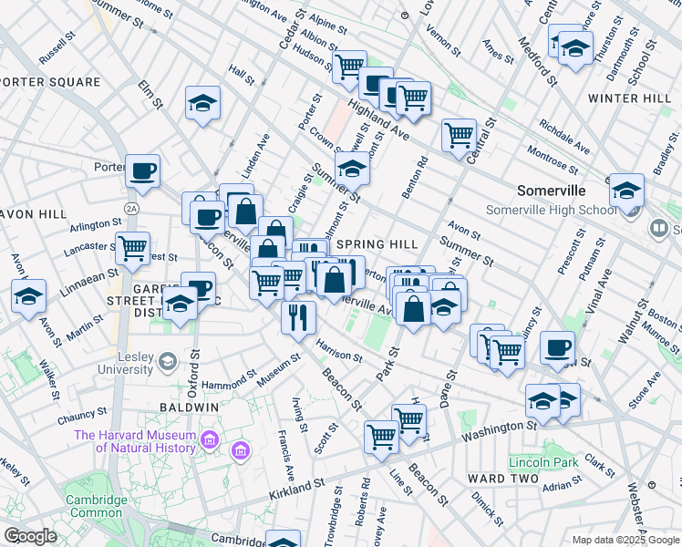 map of restaurants, bars, coffee shops, grocery stores, and more near 593 Somerville Avenue in Somerville