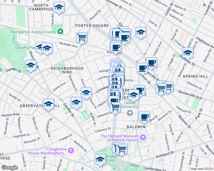 map of restaurants, bars, coffee shops, grocery stores, and more near 27 Hurlbut Street in Cambridge