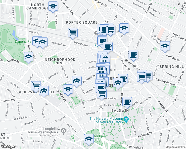 map of restaurants, bars, coffee shops, grocery stores, and more near 27 Hurlbut Street in Cambridge