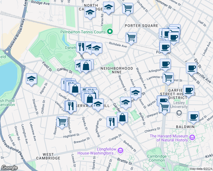 map of restaurants, bars, coffee shops, grocery stores, and more near 99 Garden Street in Cambridge