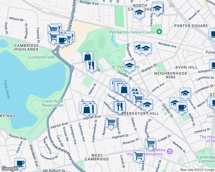 map of restaurants, bars, coffee shops, grocery stores, and more near in Cambridge