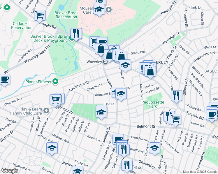 map of restaurants, bars, coffee shops, grocery stores, and more near 2 Burnham Street in Belmont