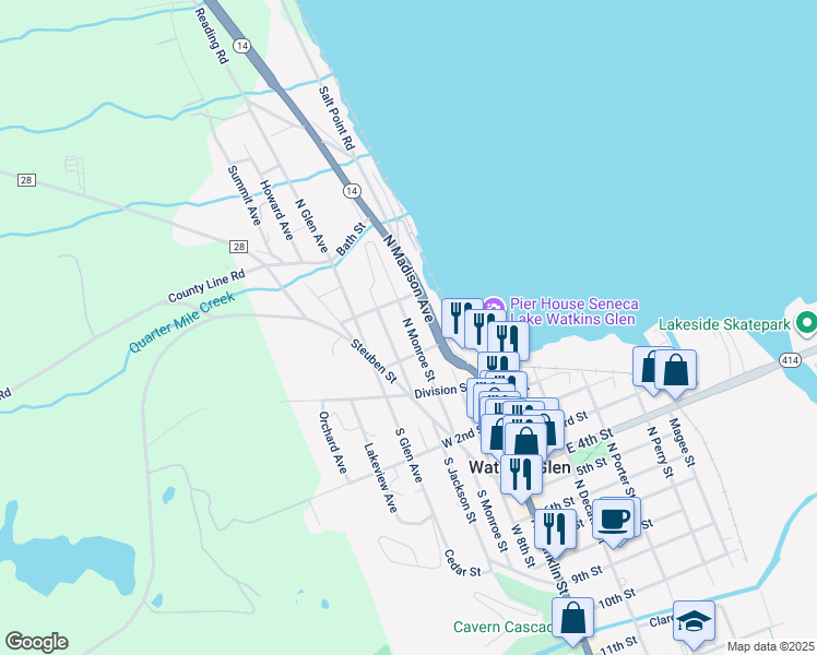 map of restaurants, bars, coffee shops, grocery stores, and more near 205 N Jackson St in Watkins Glen