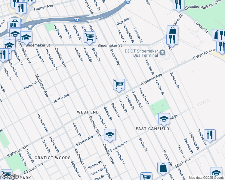 map of restaurants, bars, coffee shops, grocery stores, and more near 5026 Garland Street in Detroit