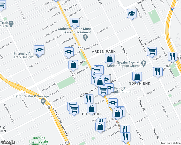 map of restaurants, bars, coffee shops, grocery stores, and more near in Detroit