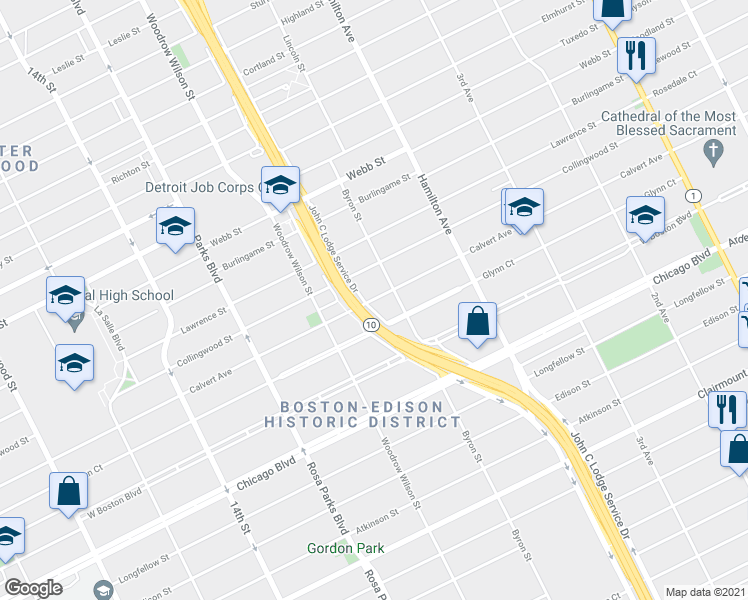 map of restaurants, bars, coffee shops, grocery stores, and more near 1440 Glynn Court in Detroit