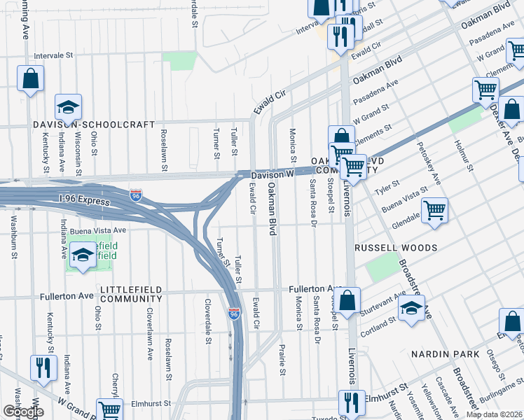 map of restaurants, bars, coffee shops, grocery stores, and more near 3211 Ewald Circle in Detroit
