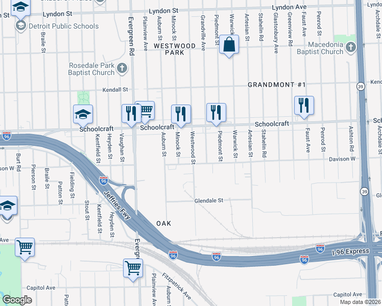 map of restaurants, bars, coffee shops, grocery stores, and more near 19411 Davison West in Detroit