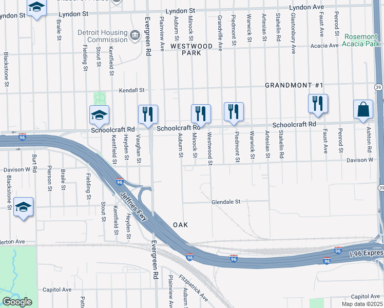 map of restaurants, bars, coffee shops, grocery stores, and more near 19536 Davison West in Detroit