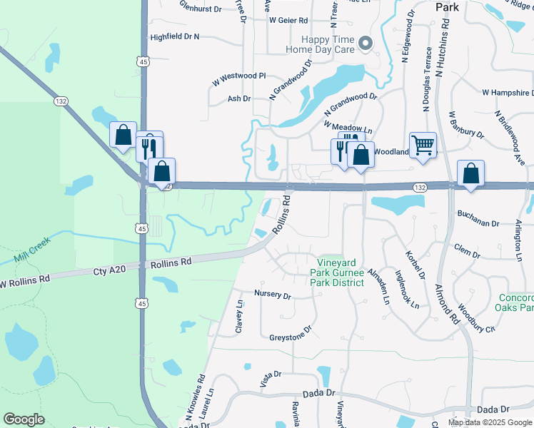 map of restaurants, bars, coffee shops, grocery stores, and more near 7900 Rollins Road in Lake Villa