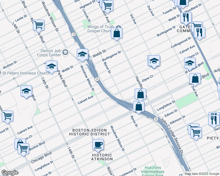 map of restaurants, bars, coffee shops, grocery stores, and more near 1440 Glynn Court in Detroit