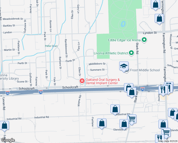 map of restaurants, bars, coffee shops, grocery stores, and more near 13945 Riverside Street in Livonia