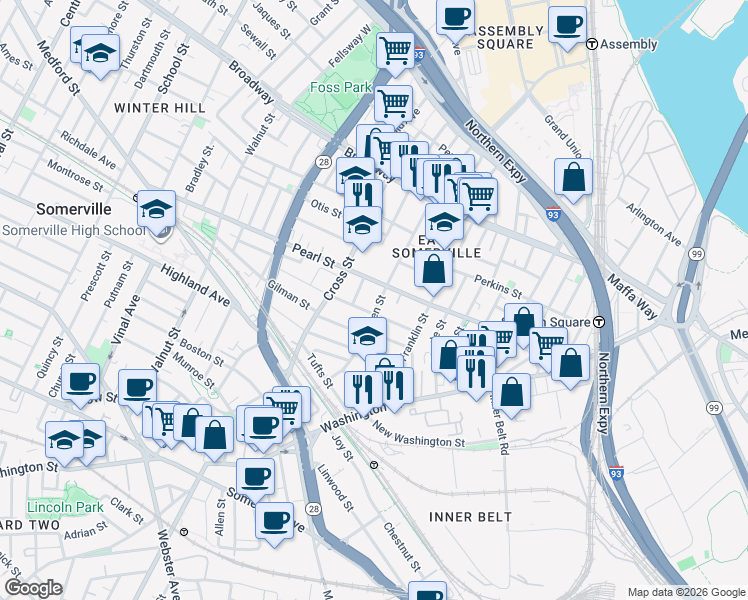 map of restaurants, bars, coffee shops, grocery stores, and more near 28 Flint Street in Somerville