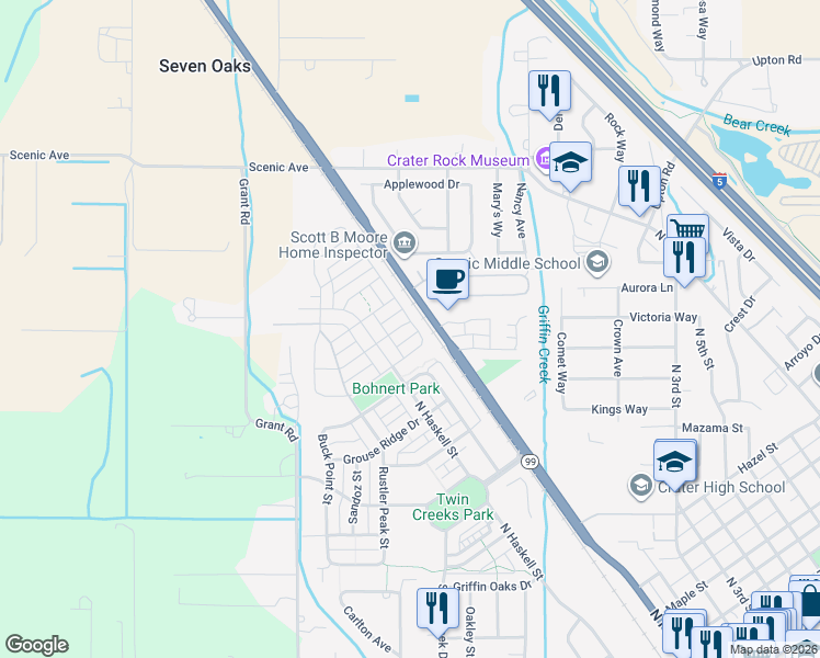 map of restaurants, bars, coffee shops, grocery stores, and more near 409 Stone Pointe Drive in Central Point