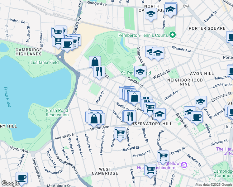 map of restaurants, bars, coffee shops, grocery stores, and more near in Cambridge