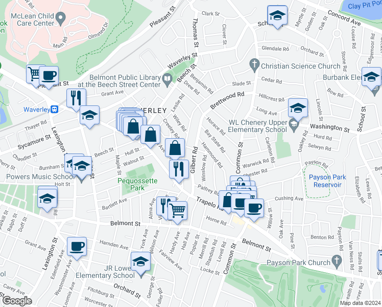 map of restaurants, bars, coffee shops, grocery stores, and more near 74 Gilbert Road in Belmont