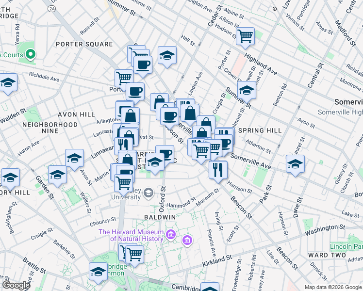 map of restaurants, bars, coffee shops, grocery stores, and more near 14 Traymore Street in Cambridge