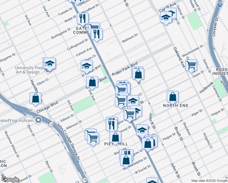 map of restaurants, bars, coffee shops, grocery stores, and more near in Detroit