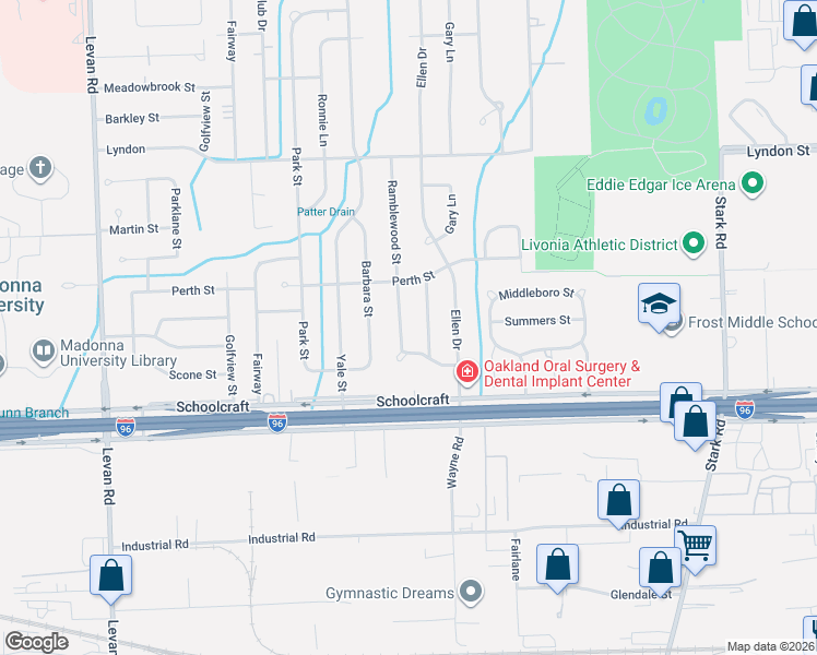 map of restaurants, bars, coffee shops, grocery stores, and more near 14063 Ramblewood Street in Livonia