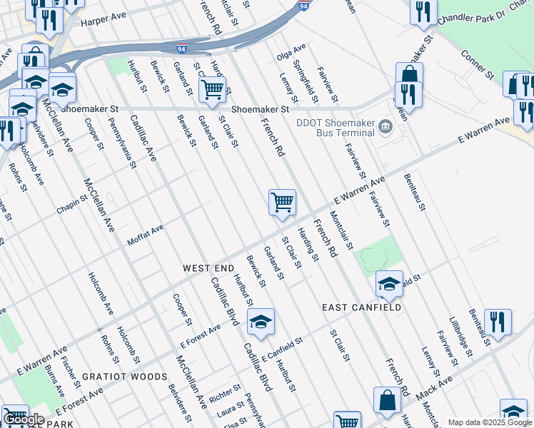 map of restaurants, bars, coffee shops, grocery stores, and more near 5114 Saint Clair Street in Detroit