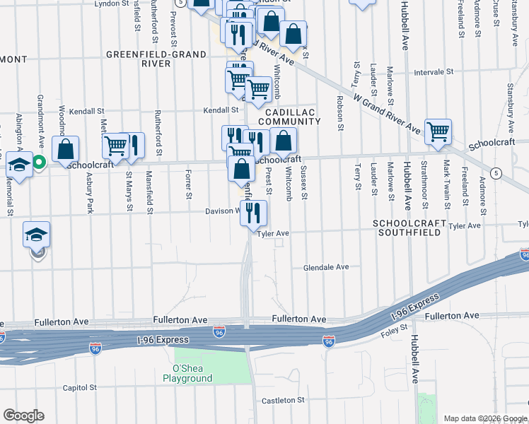 map of restaurants, bars, coffee shops, grocery stores, and more near 13263 Prest Street in Detroit