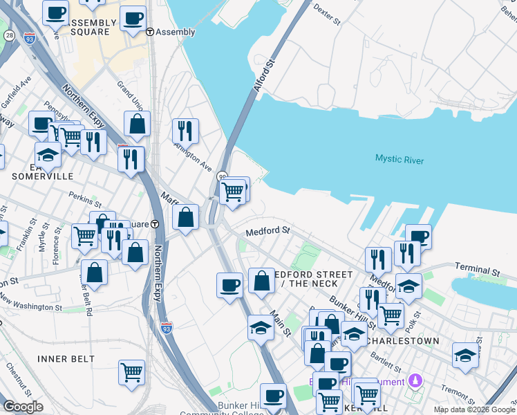 map of restaurants, bars, coffee shops, grocery stores, and more near 529 Main Street in Boston