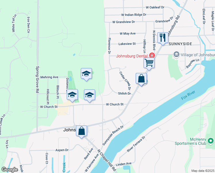 map of restaurants, bars, coffee shops, grocery stores, and more near 4005 Shiloh Drive in Johnsburg
