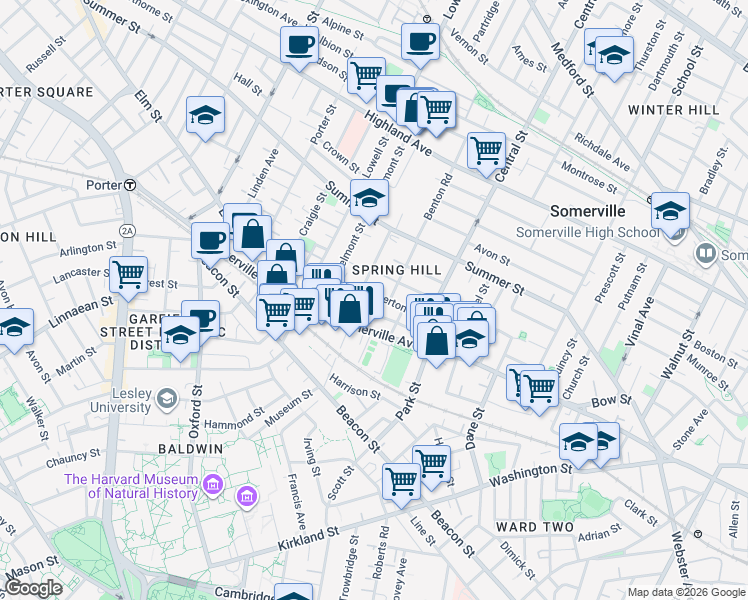 map of restaurants, bars, coffee shops, grocery stores, and more near 58 Atherton Street in Somerville