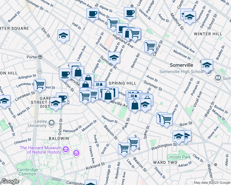 map of restaurants, bars, coffee shops, grocery stores, and more near 32 Spring Street in Somerville