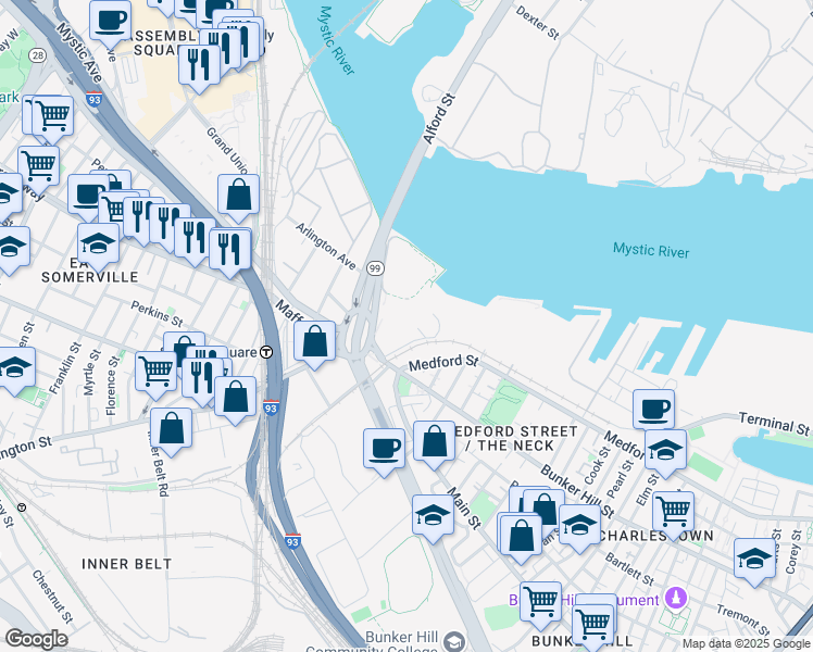 map of restaurants, bars, coffee shops, grocery stores, and more near 1 Cambridge Street in Boston