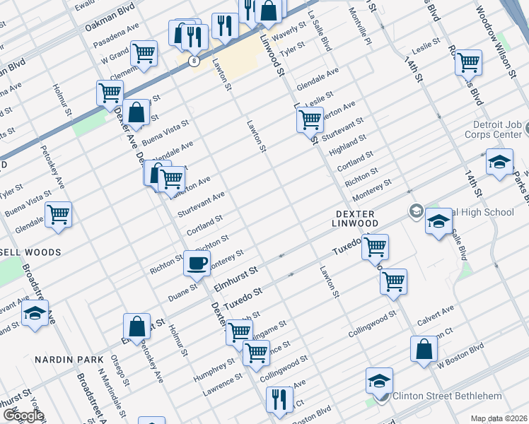 map of restaurants, bars, coffee shops, grocery stores, and more near 2925 Cortland Street in Detroit