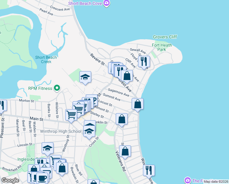 map of restaurants, bars, coffee shops, grocery stores, and more near 30 Hutchinson Street in Winthrop