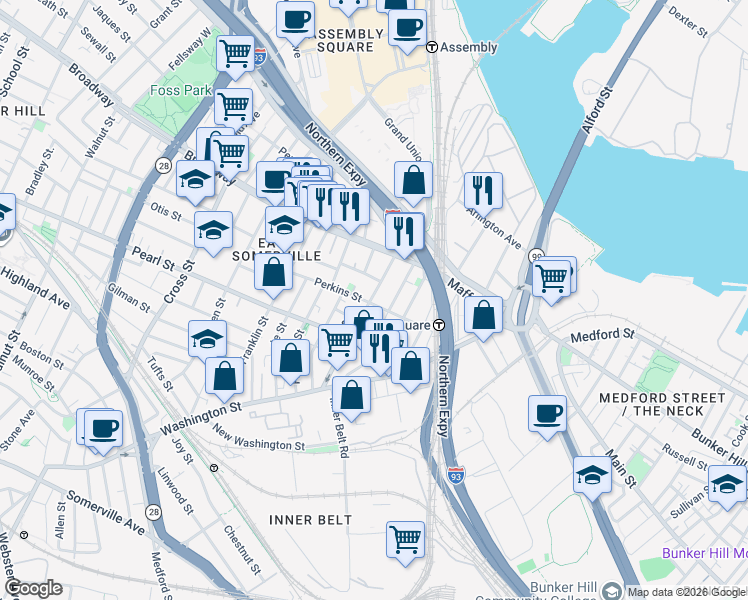 map of restaurants, bars, coffee shops, grocery stores, and more near 16 Mount Vernon Street in Somerville