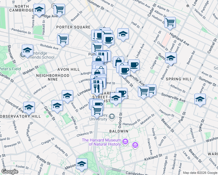map of restaurants, bars, coffee shops, grocery stores, and more near 9 Forest Street in Cambridge
