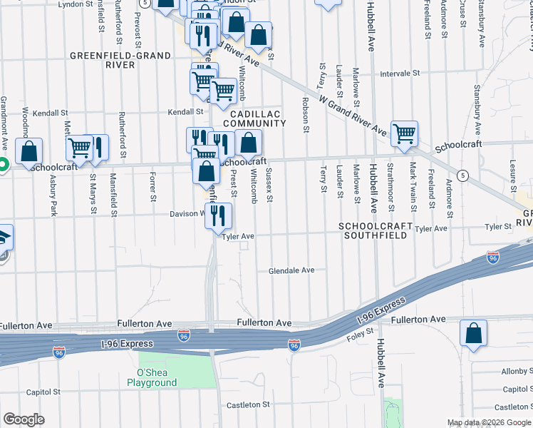 map of restaurants, bars, coffee shops, grocery stores, and more near 13302 Sussex Street in Detroit