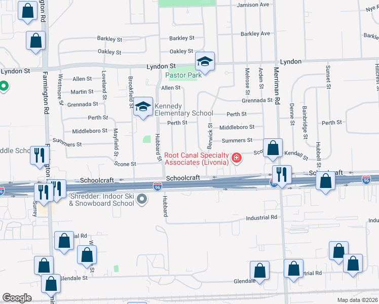 map of restaurants, bars, coffee shops, grocery stores, and more near 14066 Blackburn Street in Livonia