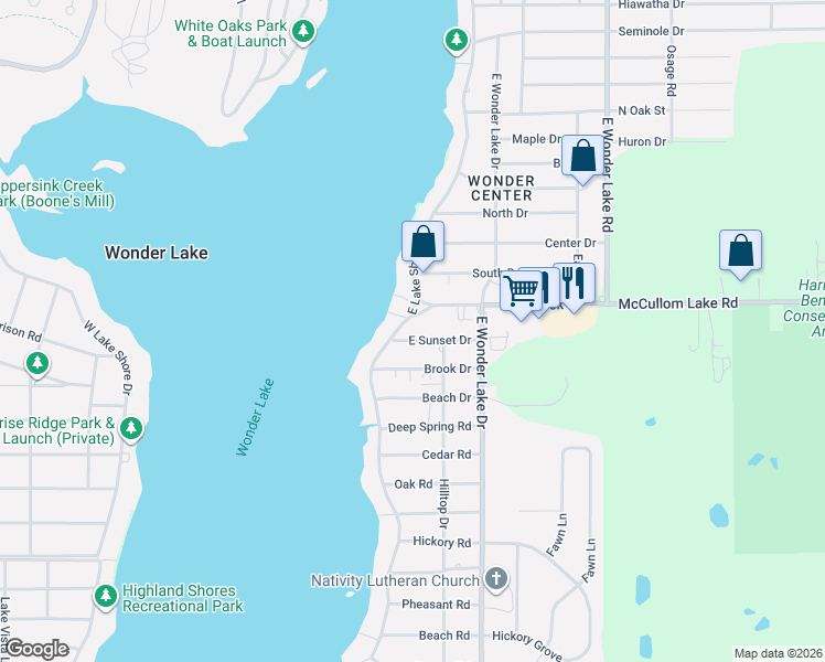 map of restaurants, bars, coffee shops, grocery stores, and more near 4019 East Lake Shore Drive in Wonder Lake