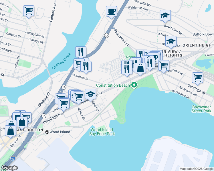 map of restaurants, bars, coffee shops, grocery stores, and more near 144 Addison Street in Boston