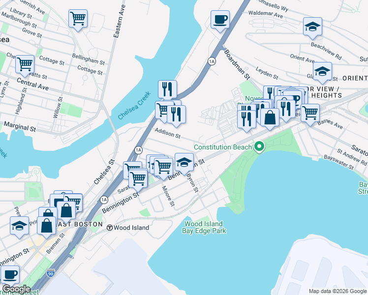 map of restaurants, bars, coffee shops, grocery stores, and more near 175 William F McClellan Highway in Boston